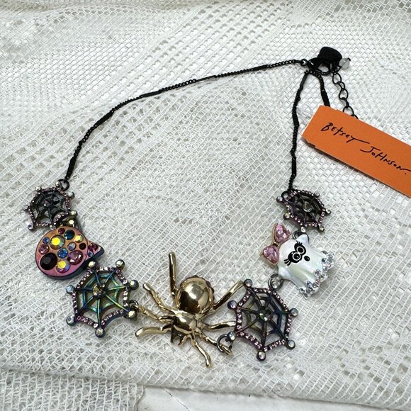 Betsey Johnson Halloween Spider Web Necklace With Ghost & Jewels - Picture 4 of 8